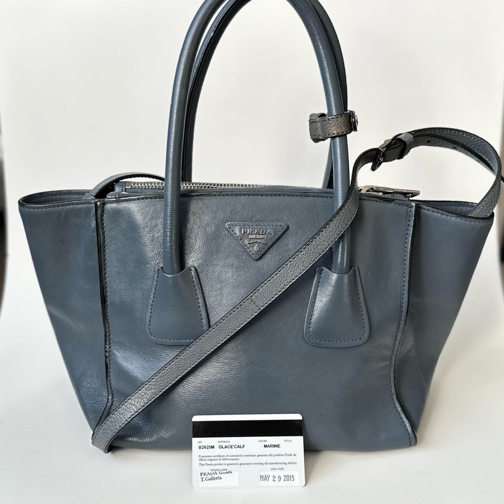 Authentic Prada Glacé Calf Twin Pocket Tote Bag, Dark Blue (Marine) - Repainted